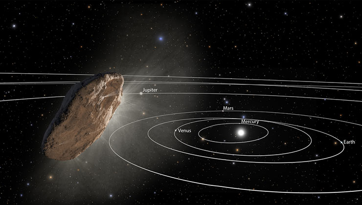 Esta ilustración recrea el paso de Oumuamua por el sistema solar (Foto de nasa.gov).