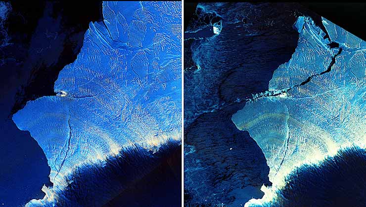 Gran desprendimiento de hielo detectado en la Antártida por el satélite SAOCOM 1A (Foto Comisión Nacional de Actividades Espaciales de Argentina).